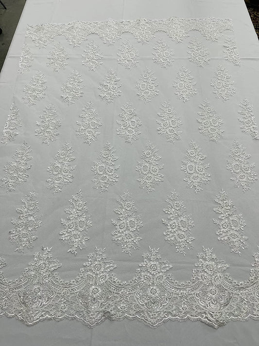 52/58" Wide Lexxi Embroidered with Clear Sequins On A Mesh Lace Fabric, Prom Fabric by The Yard (1 Yard, Off White)