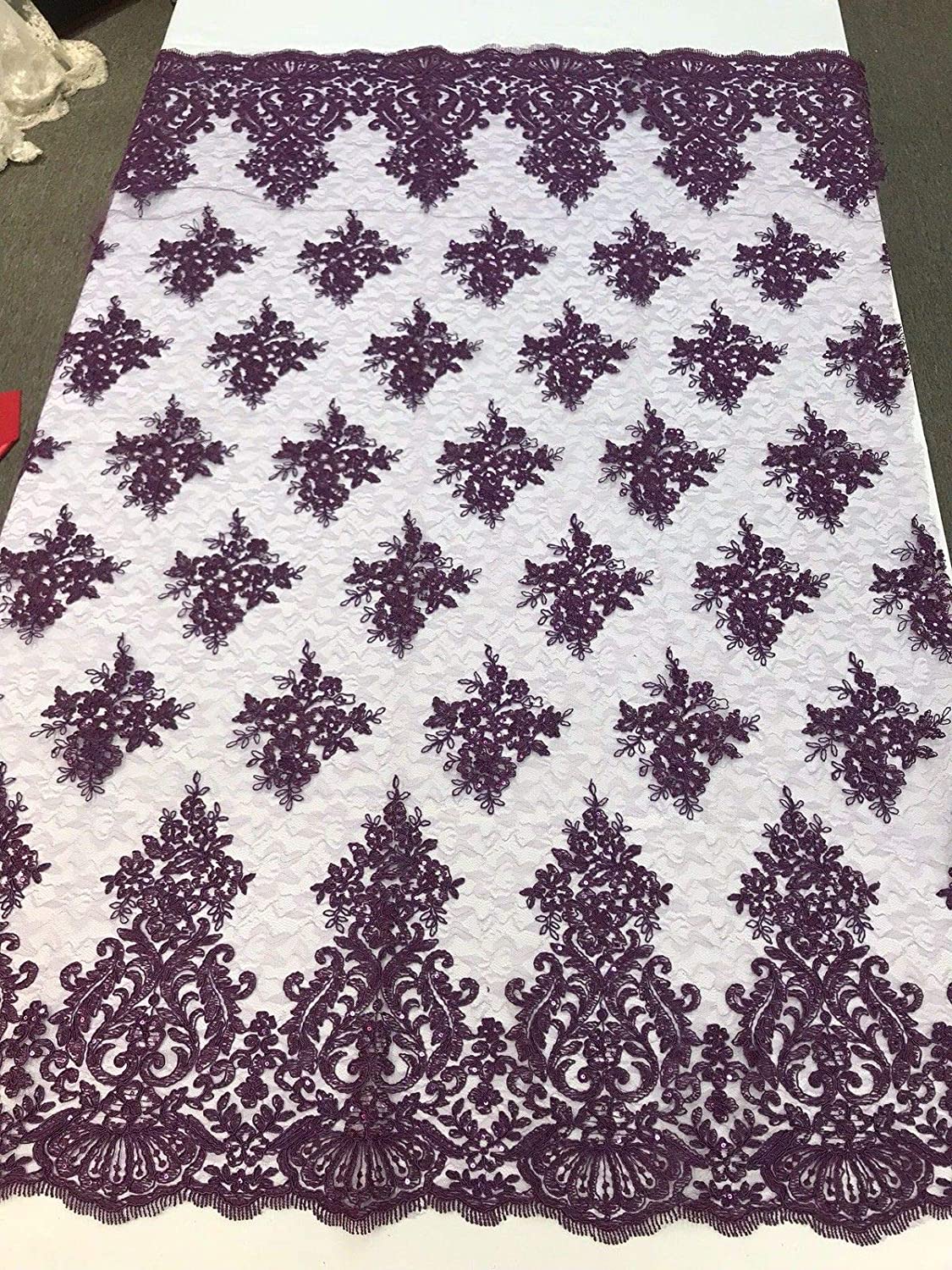 PLUM-PURPLE DAMASK LACE EMBROIDERY ON A TEXTURE MESH-BY YARD.