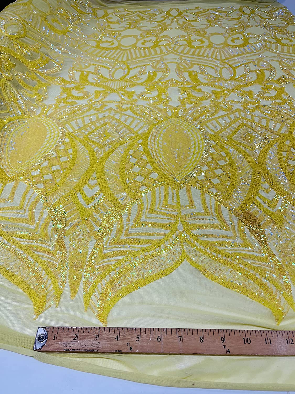 Iridescent Royalty Design On A 4 Way Stretch Mesh/Prom Fabric (1 Yard, Yellow Iridescent on Yellow Mesh)