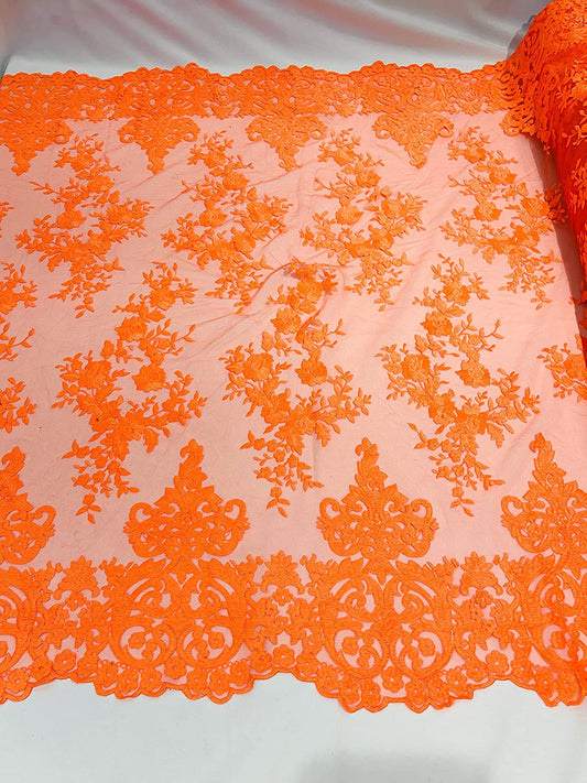 54" Wide Elegant Flower Damask Flat Lace Embroidery On A Mesh (1 Yard, Neon Orange)