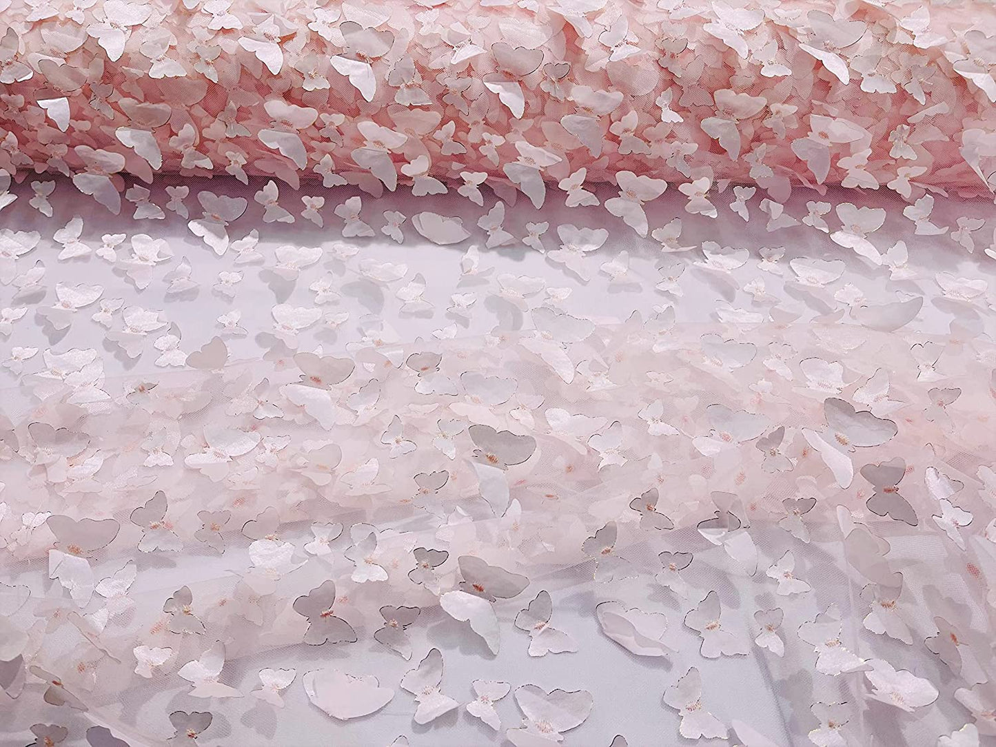 Metallic Edge 3-D Butterfly Design Embroidered On A Mesh Fabric (1 Yard, Light Pink)