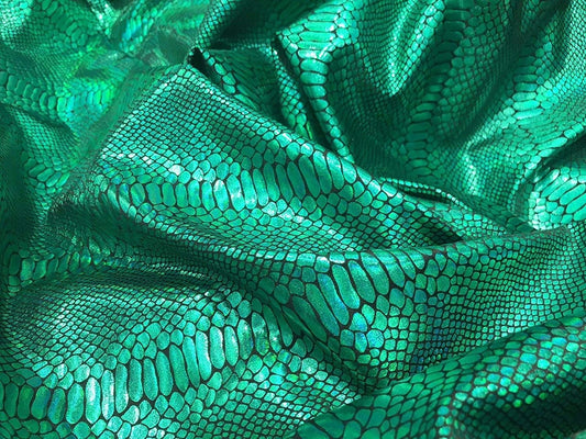 Iridescent Snake Skin Print On A Nylon 2 Way Stretch Spandex Fabric BY The Yard. (Kelly Green on Black)