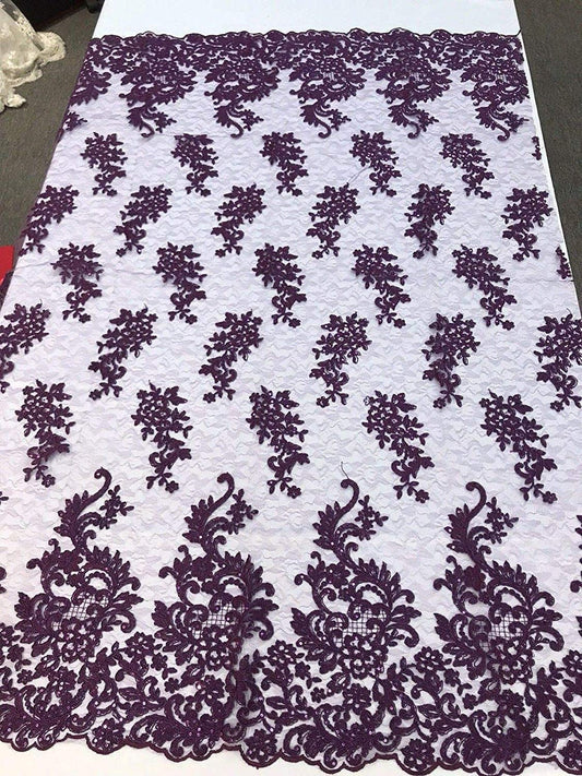 Sequins Lace With Cord Embroidery Flower on Mesh Fabric Texture By The Yard. (Eggplant)