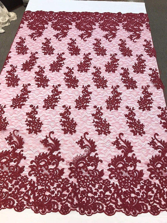 Sequins Lace With Cord Embroidery Flower on Mesh Fabric Texture By The Yard. (Burgundy)