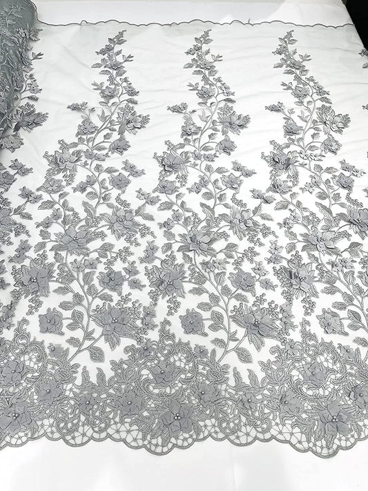 Emily 3-D Floral Design Embroider with Pearls On A Mesh Lace Fabric (1 Yard, Silver)