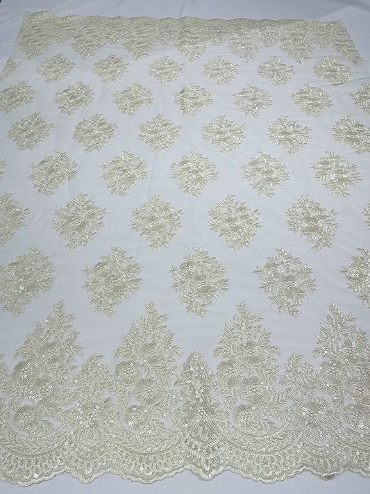 Emma Design Floral Corded Embroider with Sequins, Solid and with Glitter Mesh Lace Fabric (1 Yard, Solid Mesh Cream)