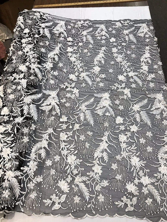 WHITE 3D FLORAL WITH VINES AND PEARLS ON A Compatible for BLACK MESH LACE-SOLD YARD.NEW DESIGN