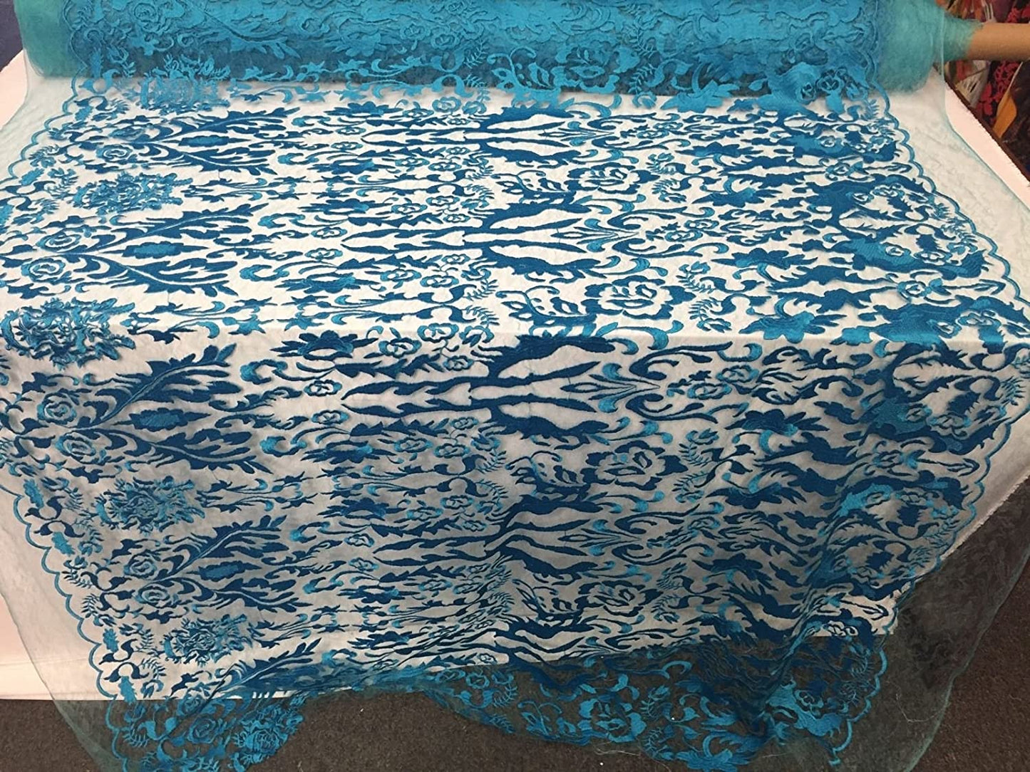 Turquoise Damask Design Embroider On A 2 Way Stretch Mesh Lace Fabric-new-