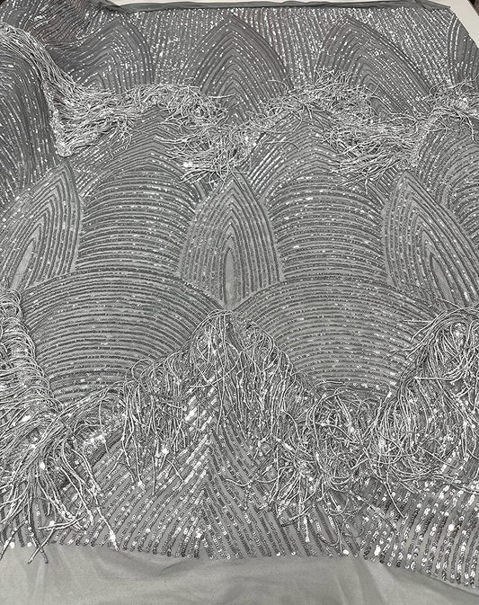 Fringe Sequins Design On A Black 4 Way Stretch Mesh Prom Fabric (1 Yard, Silver)