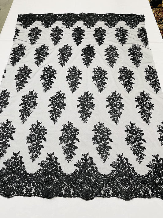 52/58" Wide Lexxi Embroidered with Clear Sequins On A Mesh Lace Fabric, Prom Fabric by The Yard (1 Yard, Black