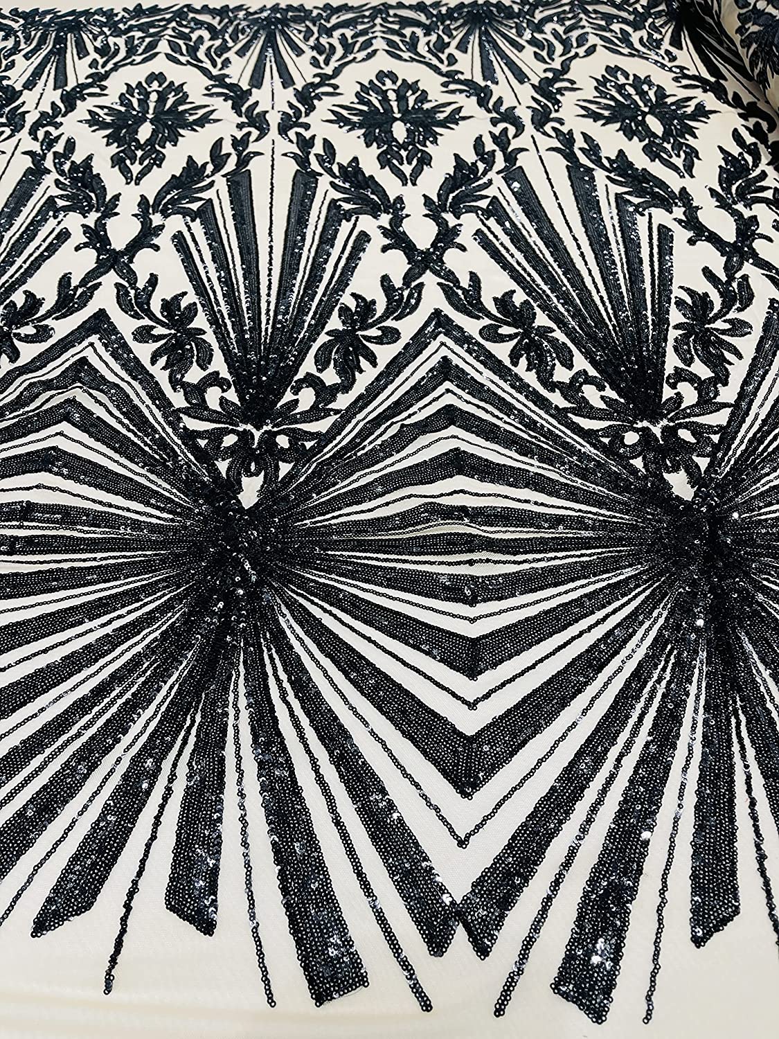 Diamond Damask Design On A Nude 4 Way Stretch Mesh/Prom Fabric (1 Yard, Black)