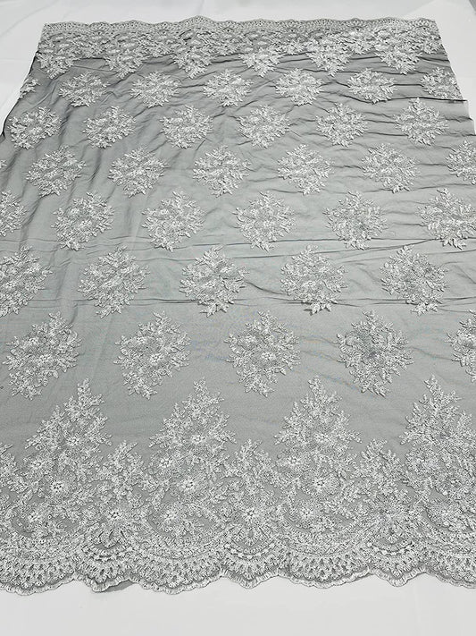 Emma Design Floral Corded Embroider with Sequins, Solid and with Glitter Mesh Lace Fabric (1 Yard, Glitter Mesh Silver on Black Mesh)
