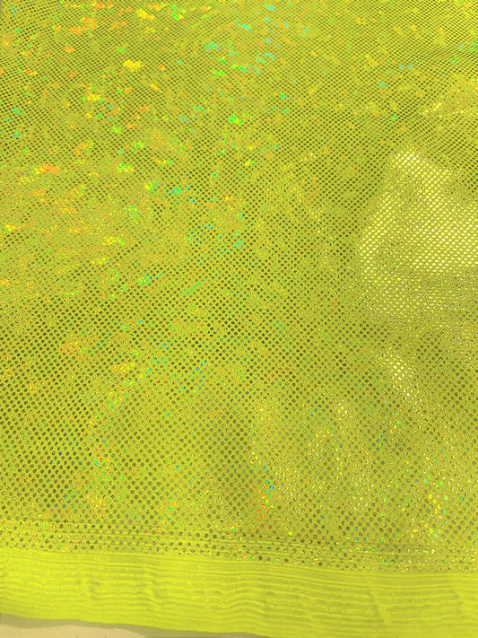 Shattered Glass Foil Iridescent Hologram Dancewear 4 Way Stretch Spandex Nylon Tricot Fabric (1 Yard, Neon Yellow)