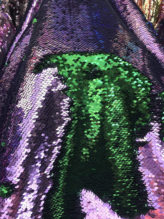54" Wide Mermaid Flip Up Sequin Reversible Sparkly Fabric for Dress Clothing Making, Home Decor (Green & Light Purple, by The Yard)
