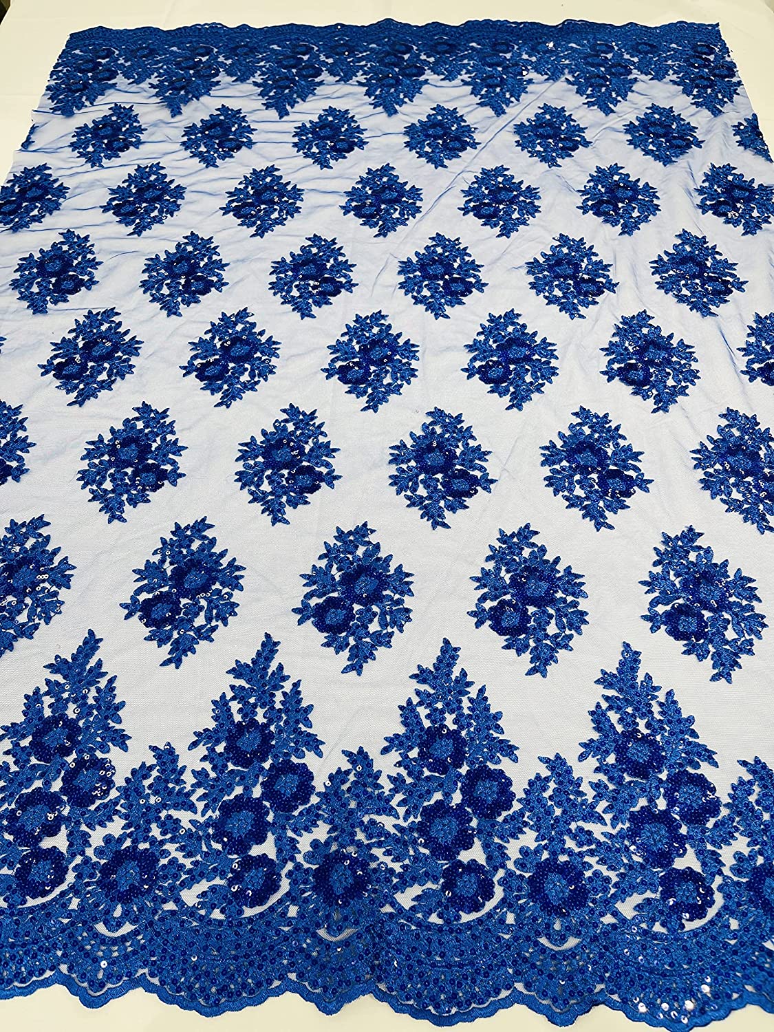 Emma Design Floral Corded Embroider with Sequins, Solid and with Glitter Mesh Lace Fabric (1 Yard, Solid Mesh Royal Blue)