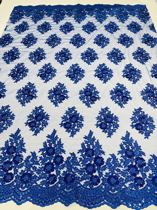 Emma Design Floral Corded Embroider with Sequins, Solid and with Glitter Mesh Lace Fabric (1 Yard, Solid Mesh Royal Blue)