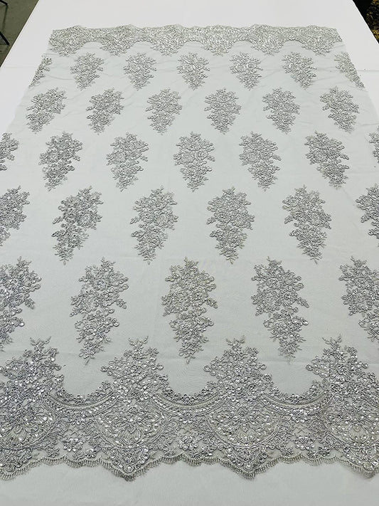 52/58" Wide Lexxi Embroidered with Clear Sequins On A Mesh Lace Fabric, Prom Fabric by The Yard (1 Yard, Silver)