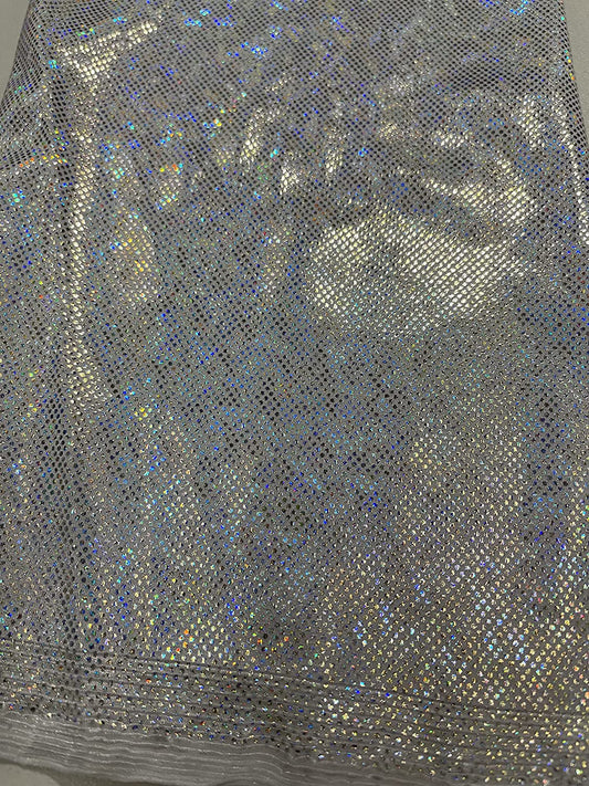 Shattered Glass Foil Iridescent Hologram Dancewear 4 Way Stretch Spandex Nylon Tricot Fabric (1 Yard, Silver)