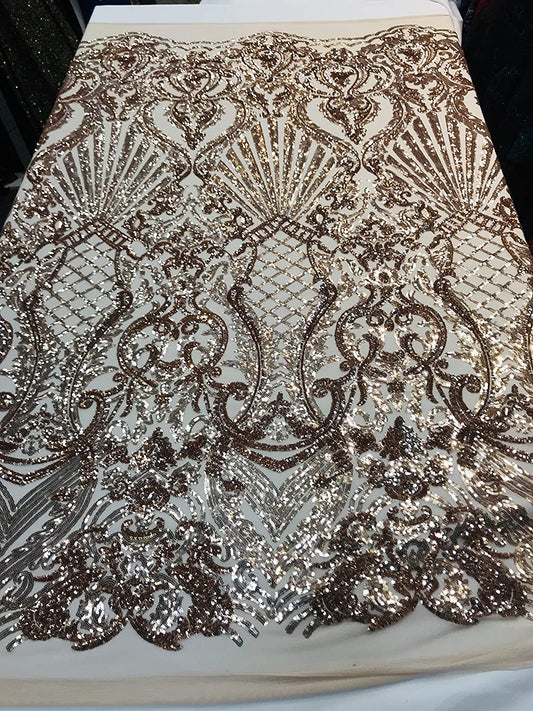 Damask Sequins Design on a 4 Way Stretch Mesh Fabric - for Night Gowns - Prom Dresses - (Rose Gold on Nude, 1 Yard)