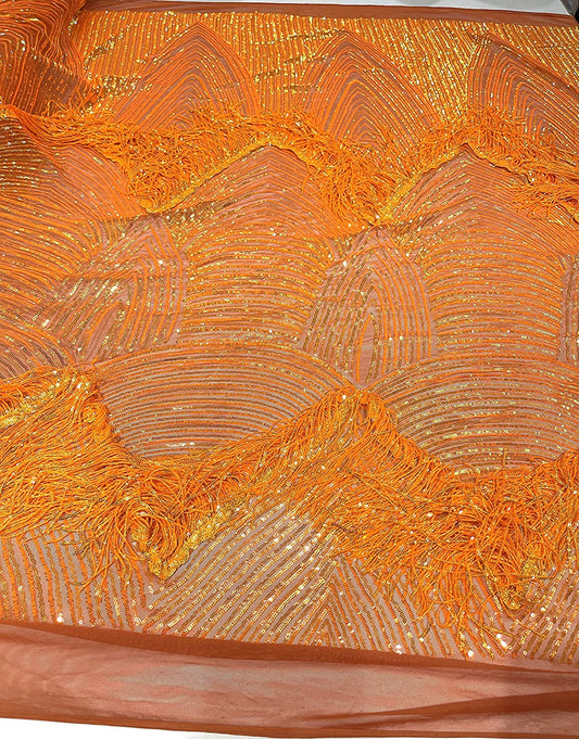 Fringe Sequins Design On A Black 4 Way Stretch Mesh Prom Fabric (1 Yard, Neon Orange Iridescent on Orange Mesh)