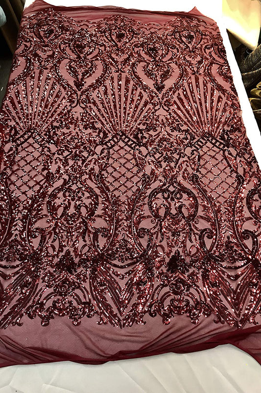 Damask Sequins Design on a 4 Way Stretch Mesh Fabric - for Night Gowns - Prom Dresses - (Burgundy on Burgundy, 1 Yard)