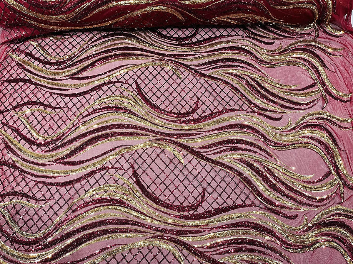Sequin Flame Design On A 4 Way Stretch Mesh Fabric by The Yard (1 Yard, Gold/Burgundy)