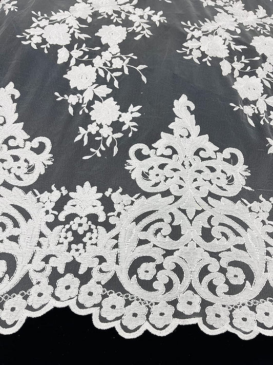 54" Wide Elegant Flower Damask Flat Lace Embroidery On A Mesh (1 Yard, White)