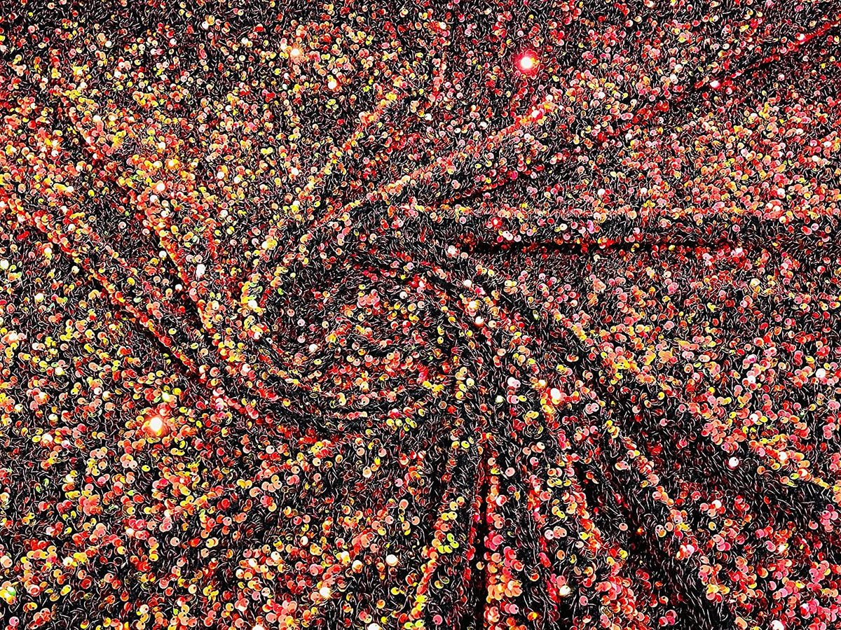Shiny 5mm Sequin On A 2 Way Stretch Velvet (1 Yard, Red Orange Iridescent/Black)