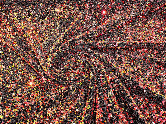 Shiny 5mm Sequin On A 2 Way Stretch Velvet (1 Yard, Red Orange Iridescent/Black)