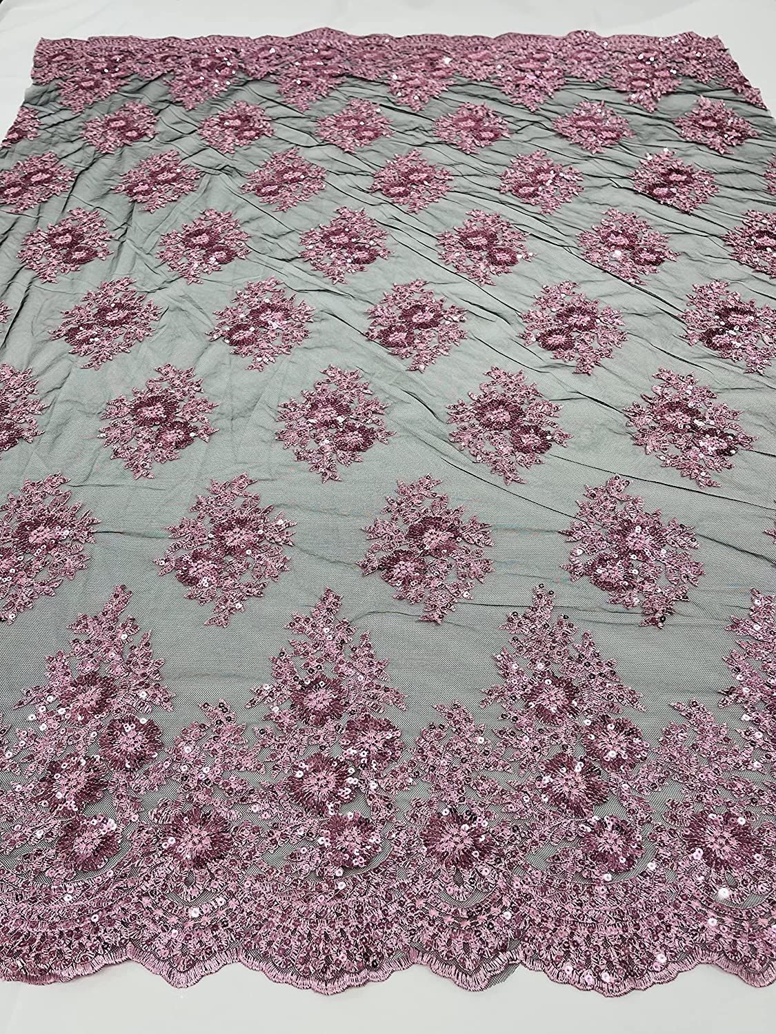 Emma Design Floral Corded Embroider with Sequins, Solid and with Glitter Mesh Lace Fabric (1 Yard, Glitter Mesh Pink on Black Mesh)