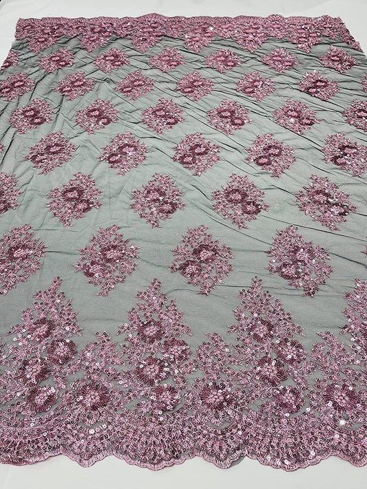 Emma Design Floral Corded Embroider with Sequins, Solid and with Glitter Mesh Lace Fabric (1 Yard, Glitter Mesh Pink on Black Mesh)