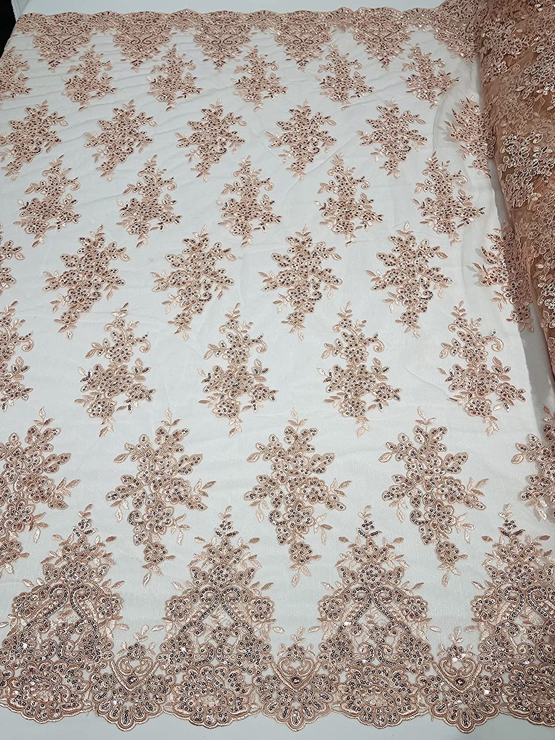 50" Wide Floral Design Embroidery On A Mesh Lace with Sequins and Cord Fabric (1 Yard, Blush)