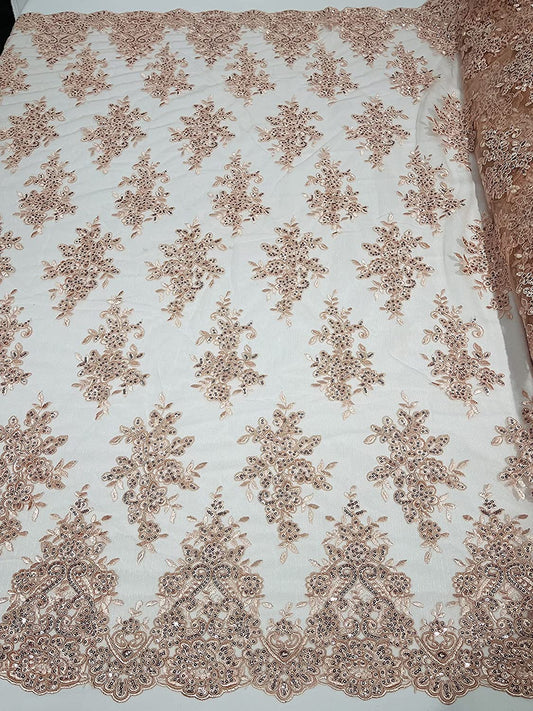 50" Wide Floral Design Embroidery On A Mesh Lace with Sequins and Cord Fabric (1 Yard, Blush)