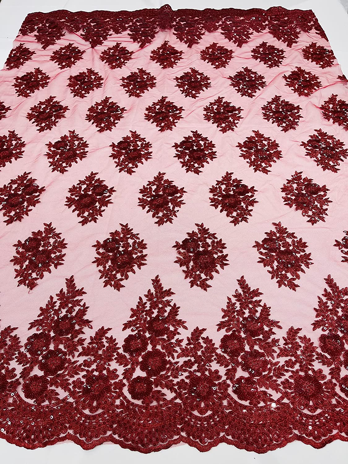 Emma Design Floral Corded Embroider with Sequins, Solid and with Glitter Mesh Lace Fabric (1 Yard, Solid Mesh Burgundy)