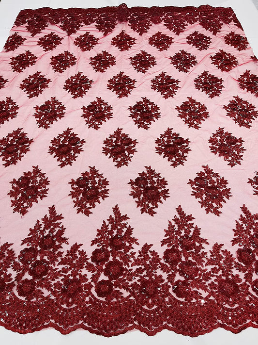 Emma Design Floral Corded Embroider with Sequins, Solid and with Glitter Mesh Lace Fabric (1 Yard, Solid Mesh Burgundy)