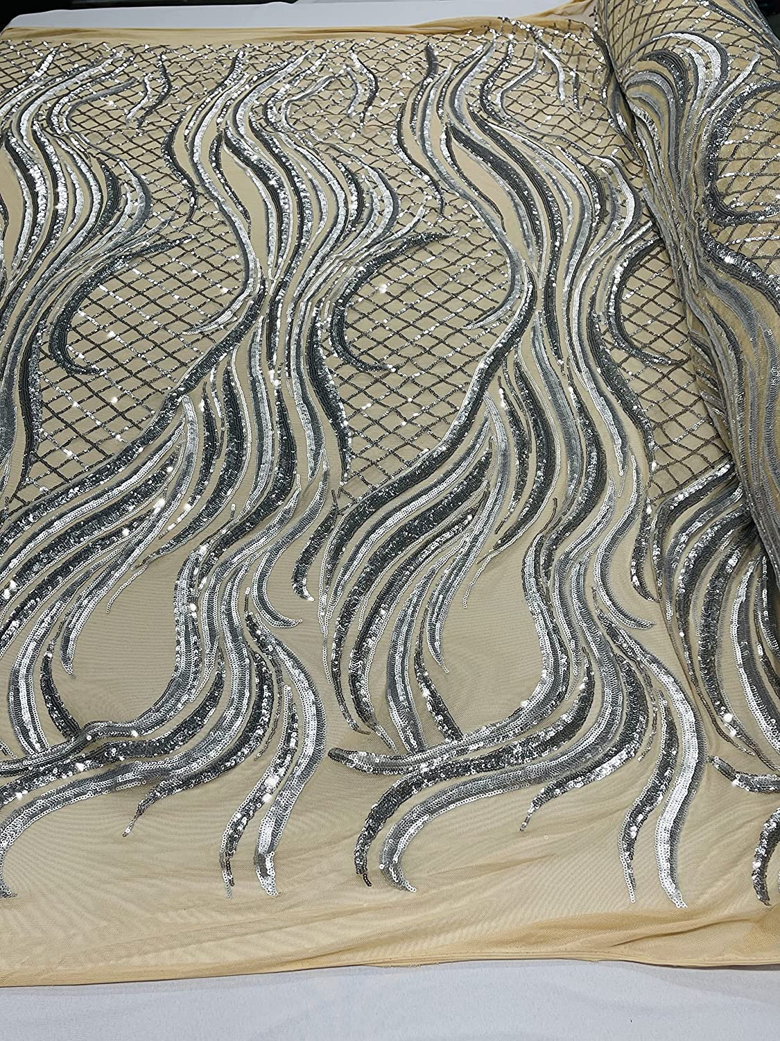 Sequin Flame Design On A 4 Way Stretch Mesh Fabric by The Yard (1 Yard, Silver/Matte Silver)