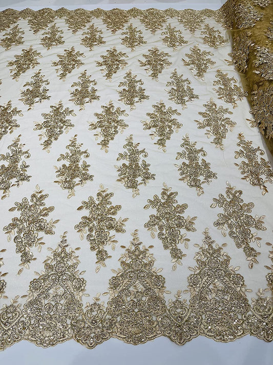 50" Wide Floral Design Embroidery On A Mesh Lace with Sequins and Cord Fabric (1 Yard, Metallic Champagne)