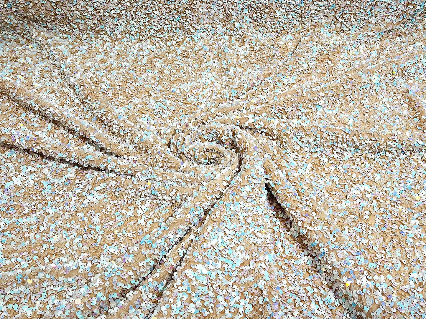Shiny 5mm Sequin On A 2 Way Stretch Velvet (1 Yard, Aqua White Iridescent/Nude)