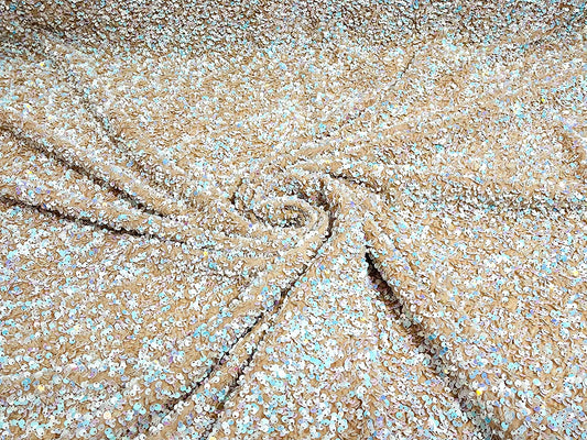 Shiny 5mm Sequin On A 2 Way Stretch Velvet (1 Yard, Aqua White Iridescent/Nude)