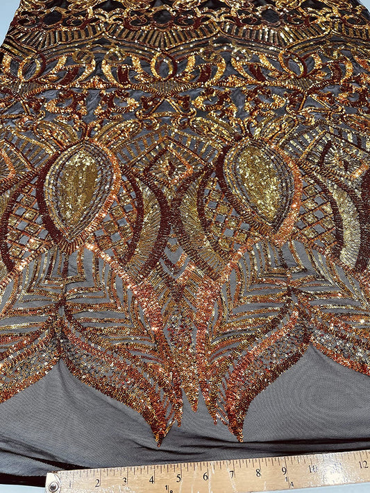 Iridescent Royalty Design On A 4 Way Stretch Mesh/Prom Fabric (1 Yard, Orange on Black Mesh)
