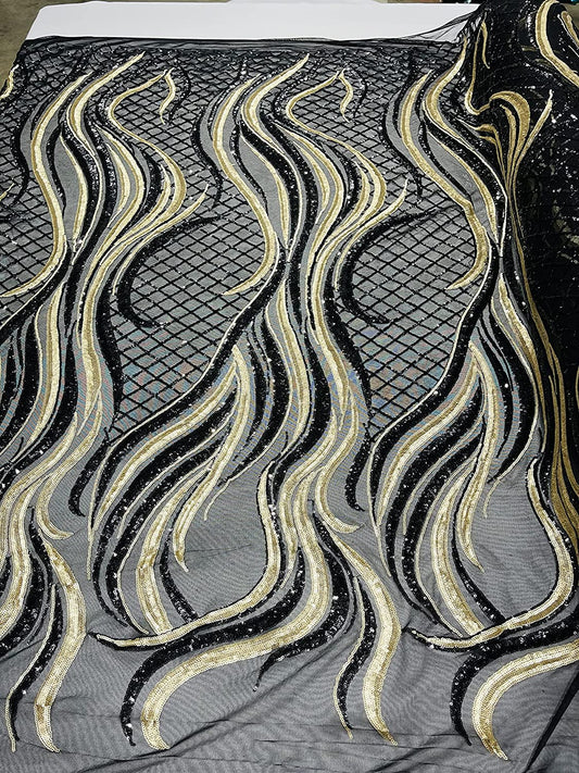 Sequin Flame Design On A 4 Way Stretch Mesh Fabric by The Yard (1 Yard, Black/Matte Gold)