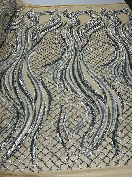 Sequin Flame Design On A 4 Way Stretch Mesh Fabric by The Yard (1 Yard, Silver/Matte Silver)