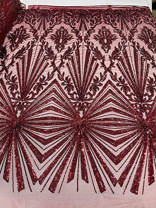 Diamond Damask Design On A Nude 4 Way Stretch Mesh/Prom Fabric (1 Yard, Burgundy)