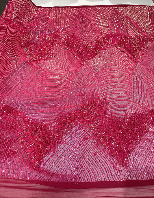 Fringe Sequins Design On A Black 4 Way Stretch Mesh Prom Fabric (1 Yard, Neon Pink Iridescent on Fuchsia Mesh)