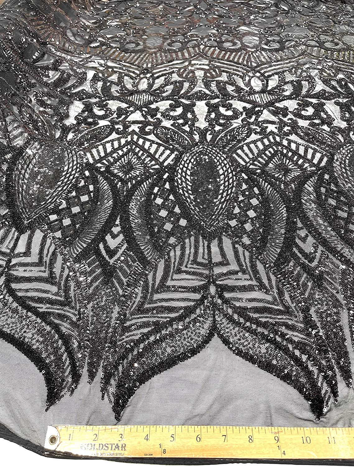 Iridescent Royalty Design On A 4 Way Stretch Mesh/Prom Fabric (1 Yard, Black on Black Mesh)
