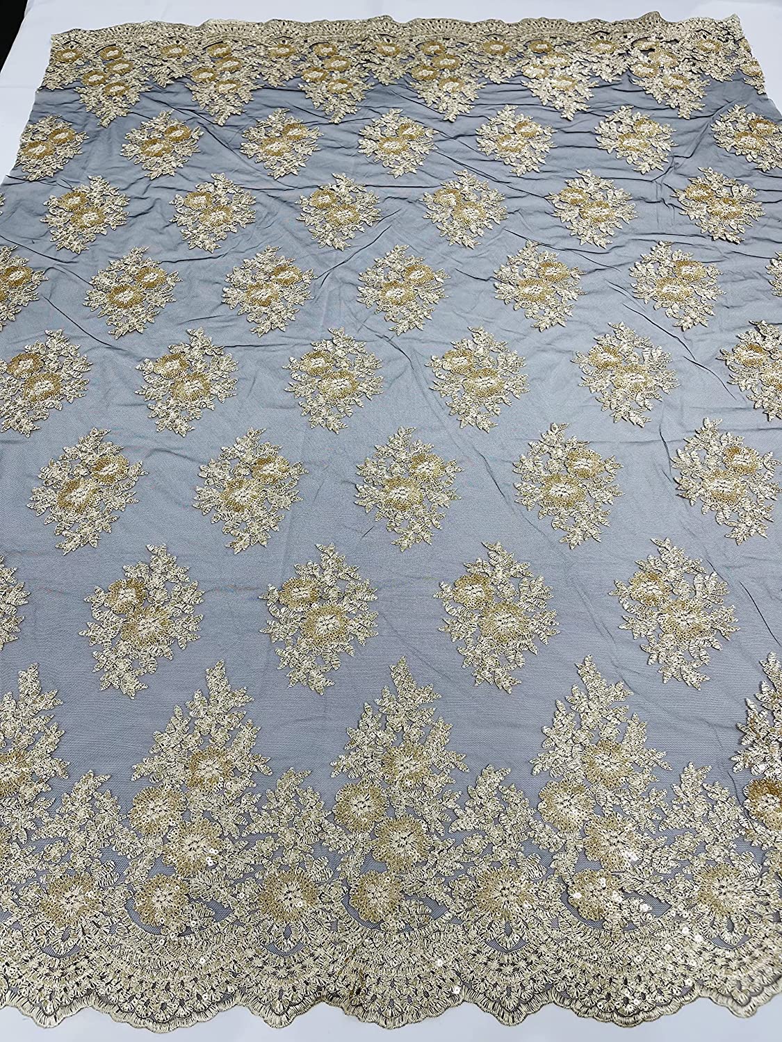 Emma Design Floral Corded Embroider with Sequins, Solid and with Glitter Mesh Lace Fabric (1 Yard, Glitter Mesh Gold on Black Mesh)