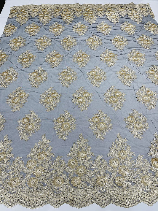 Emma Design Floral Corded Embroider with Sequins, Solid and with Glitter Mesh Lace Fabric (1 Yard, Glitter Mesh Gold on Black Mesh)