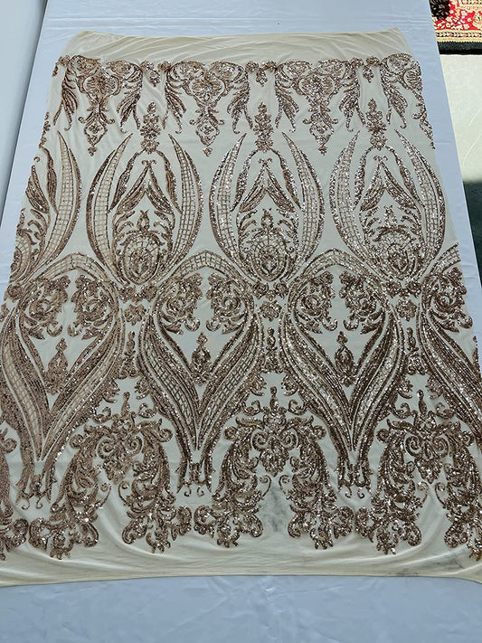 Empire Damask Design with Sequins Embroider On A 4 Way Stretch Mesh Fabric (1 Yard, Champagne)