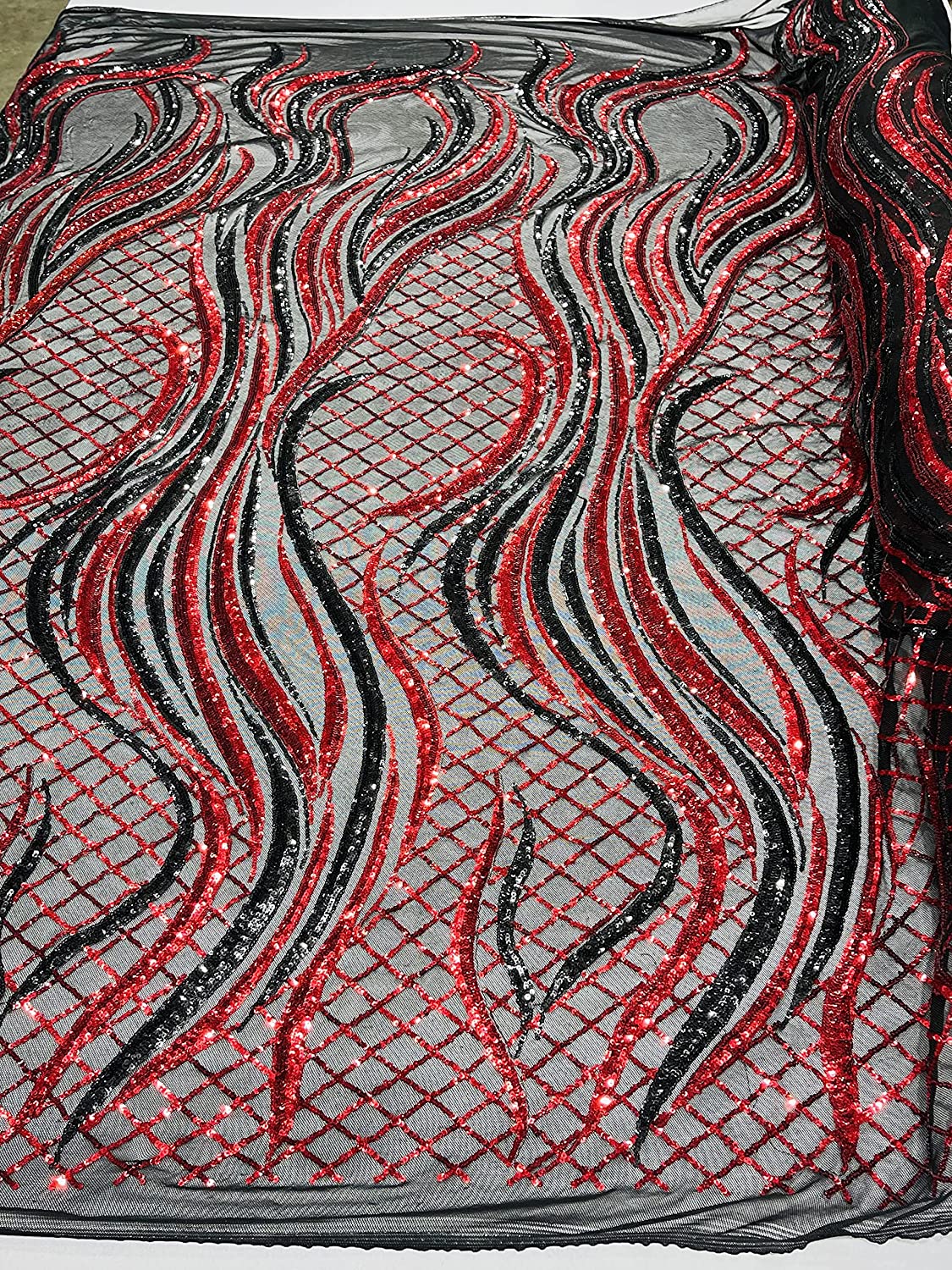 Sequin Flame Design On A 4 Way Stretch Mesh Fabric by The Yard (1 Yard, Red/Black)