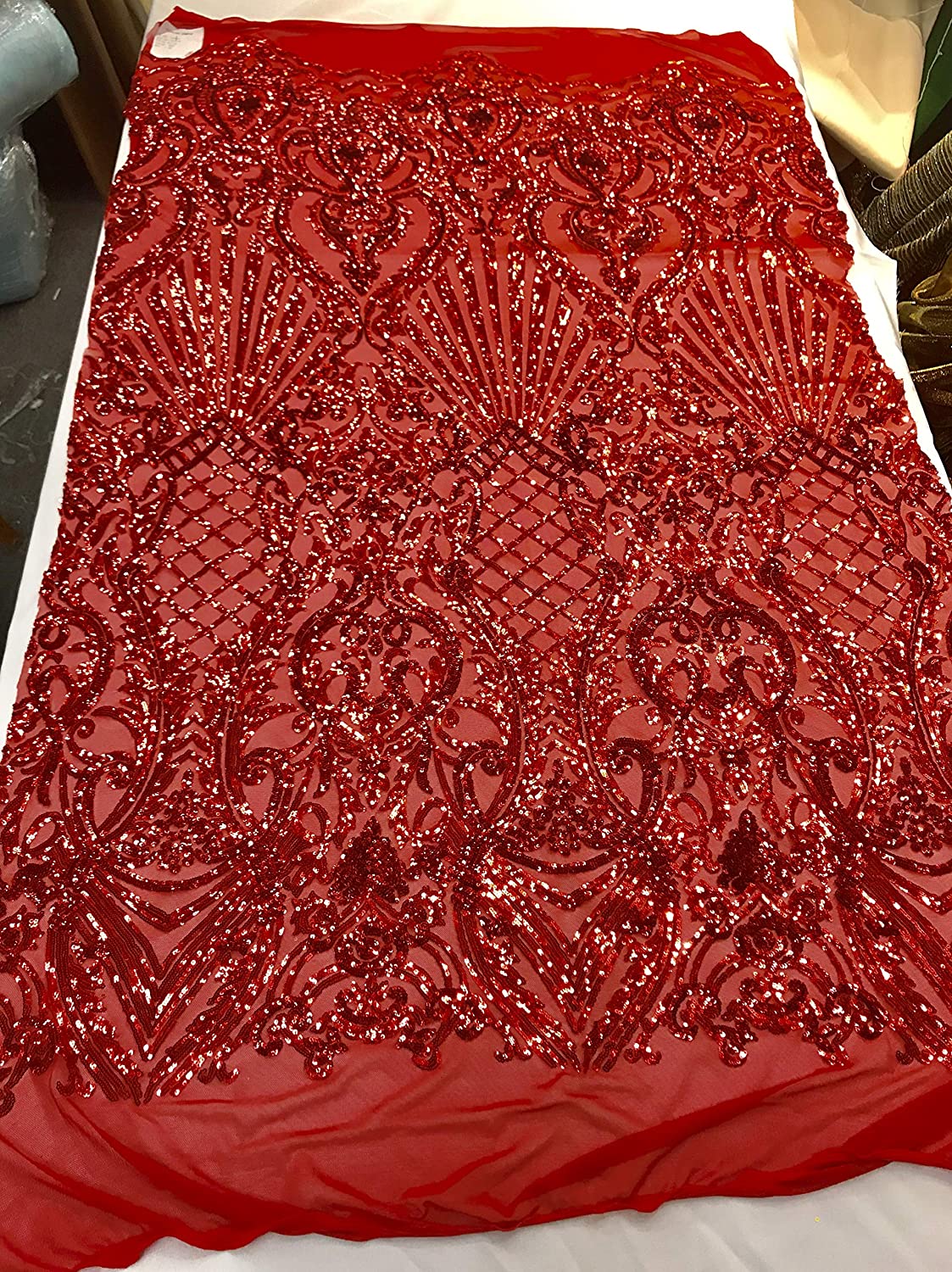 Damask Sequins Design on a 4 Way Stretch Mesh Fabric - for Night Gowns - Prom Dresses - (Red Iridescent, 1 Yard)